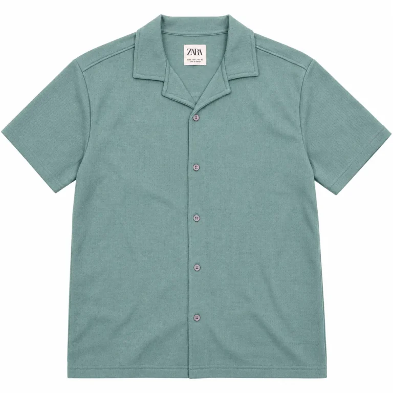 Zara Textured Camp-Collar Shirt in Sage Green – front view